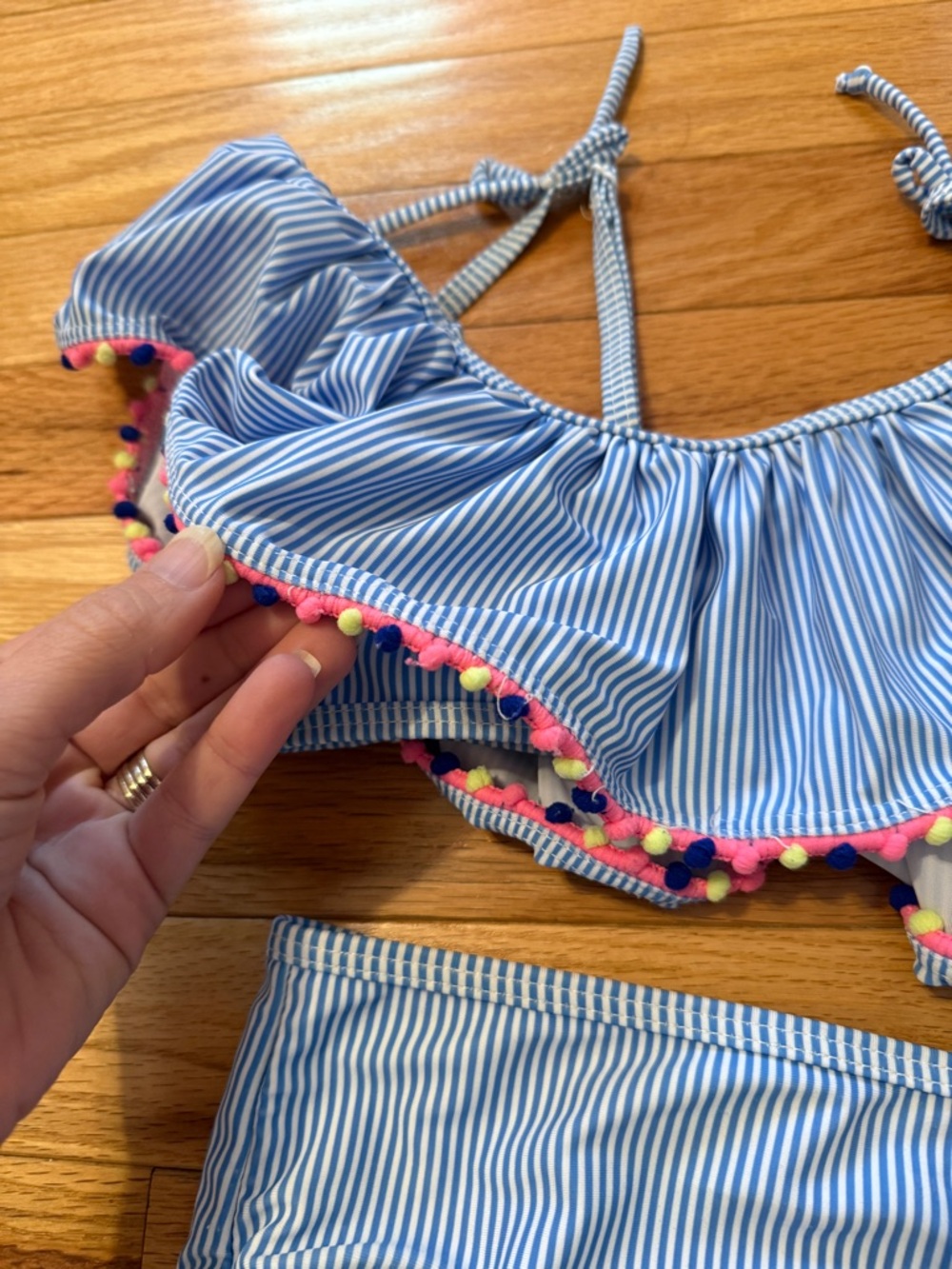 Striped Off-Shoulder Ruffle Bikini Set with Pom Trim - Picture 2 of 4
